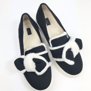 G.I.L.I. Maritza Black Textile Cream Faux Fur Bow Toe Slip On Loafers